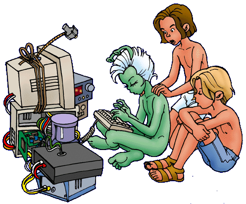 The three boys gathered round the computer.